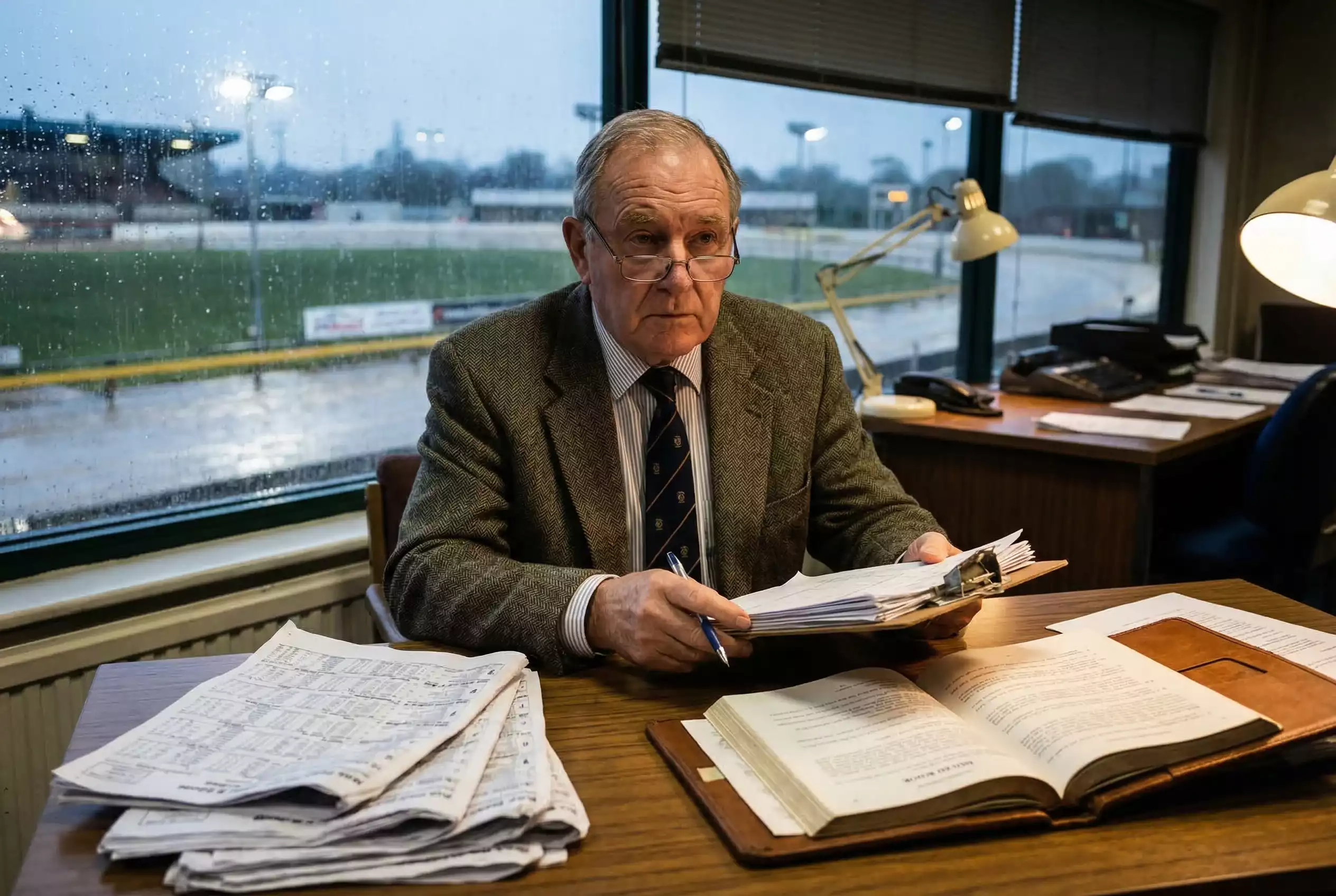 Official GBGB racing steward reviewing paperwork at UK greyhound stadium