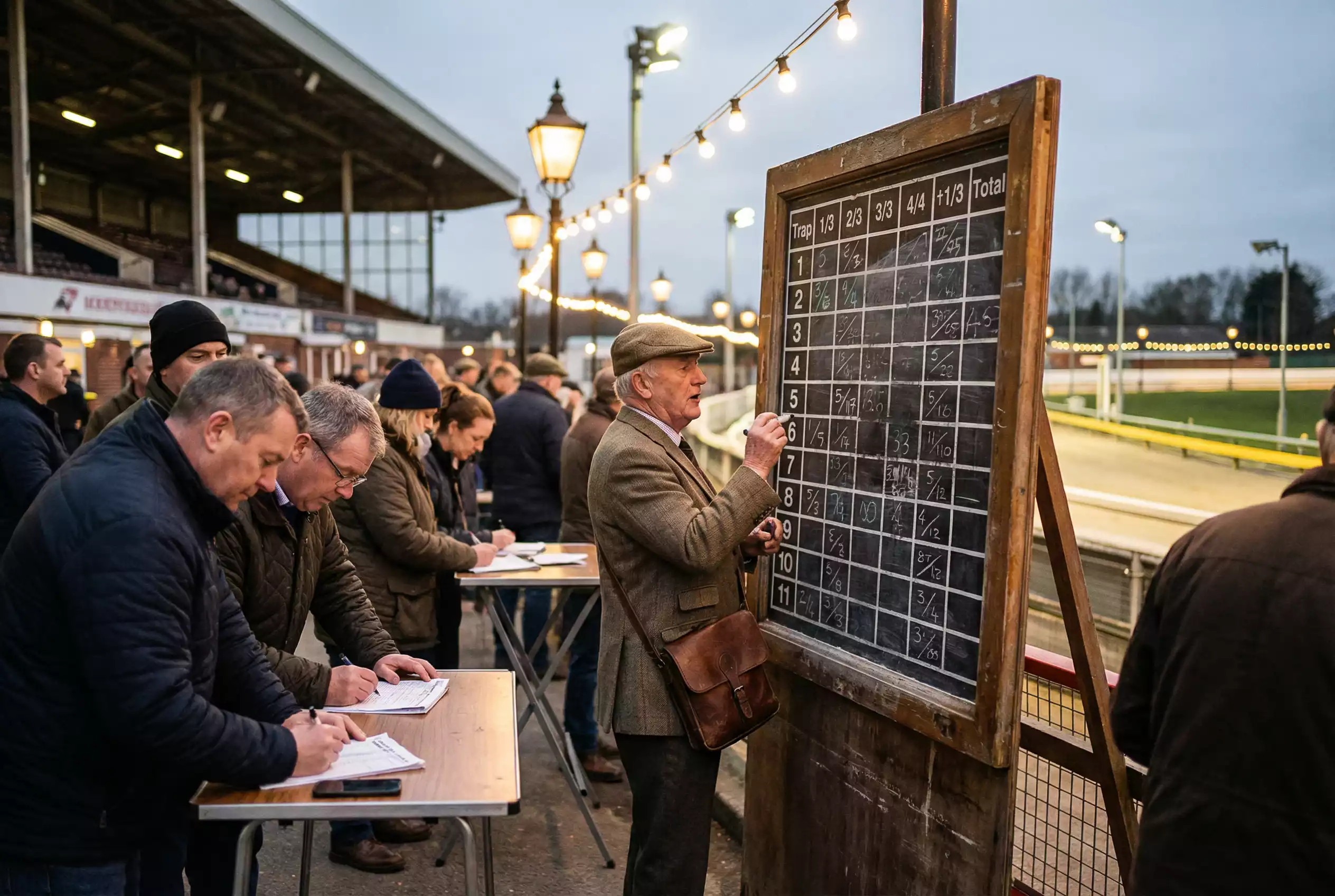 Bookmaker odds board showing greyhound trap betting markets at UK stadium