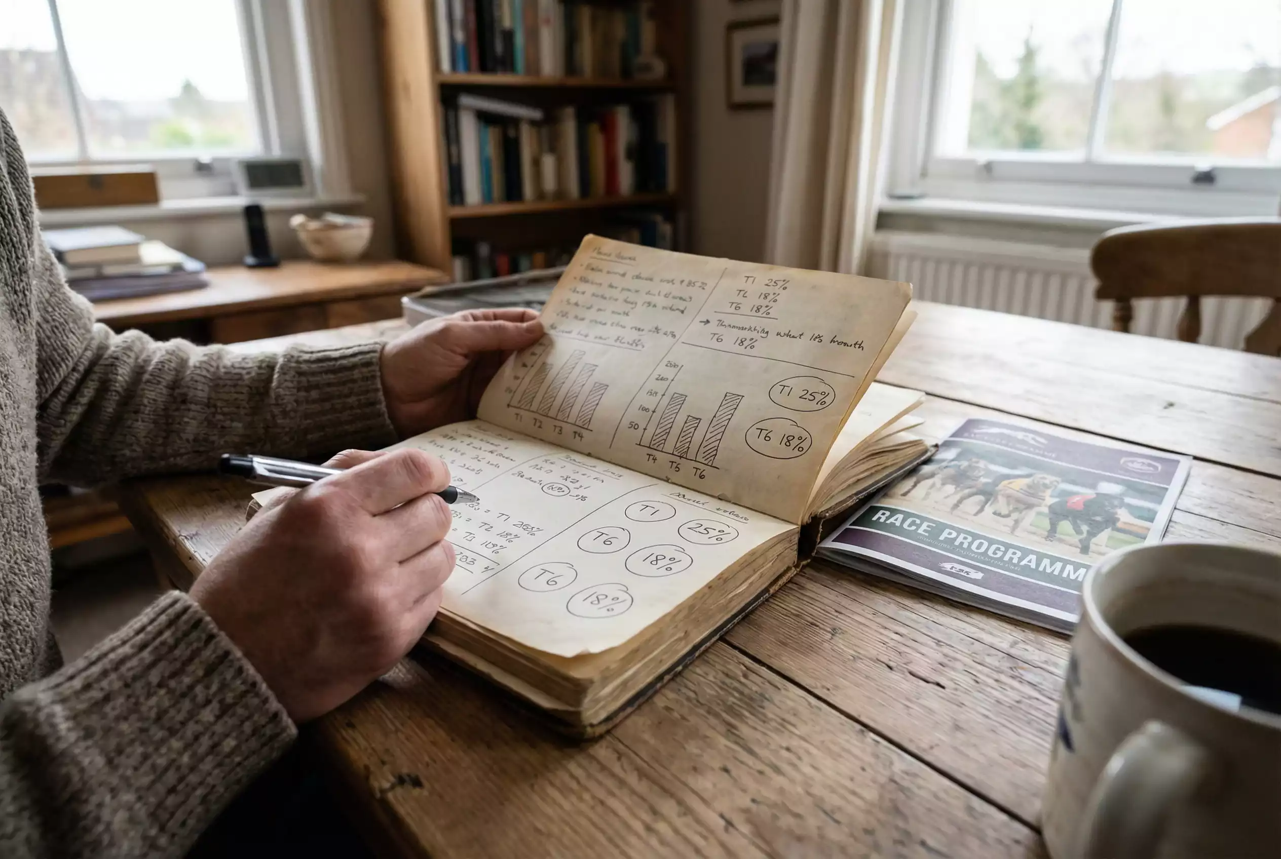 Person reviewing greyhound trap statistics on a notebook with track performance data