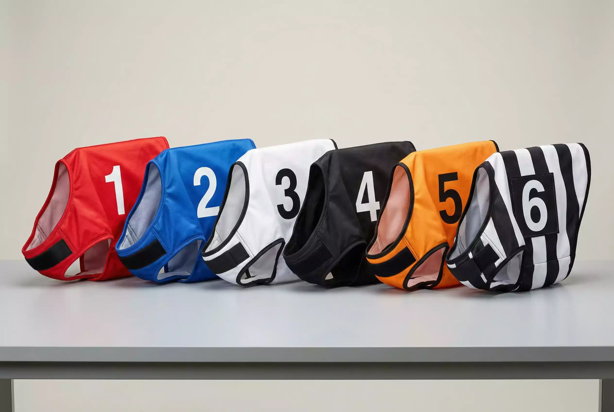 Six greyhound racing jackets in official UK colours: red, blue, white, black, orange, and black-white stripes