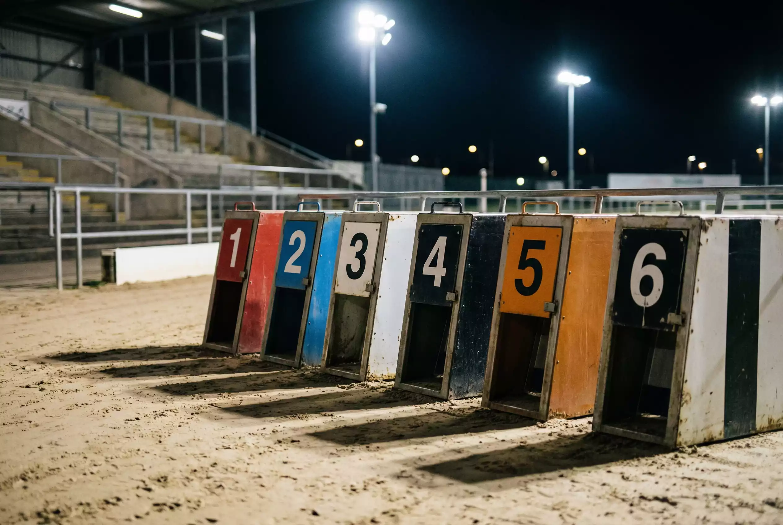 Six numbered starting traps at a British greyhound racing stadium under floodlights