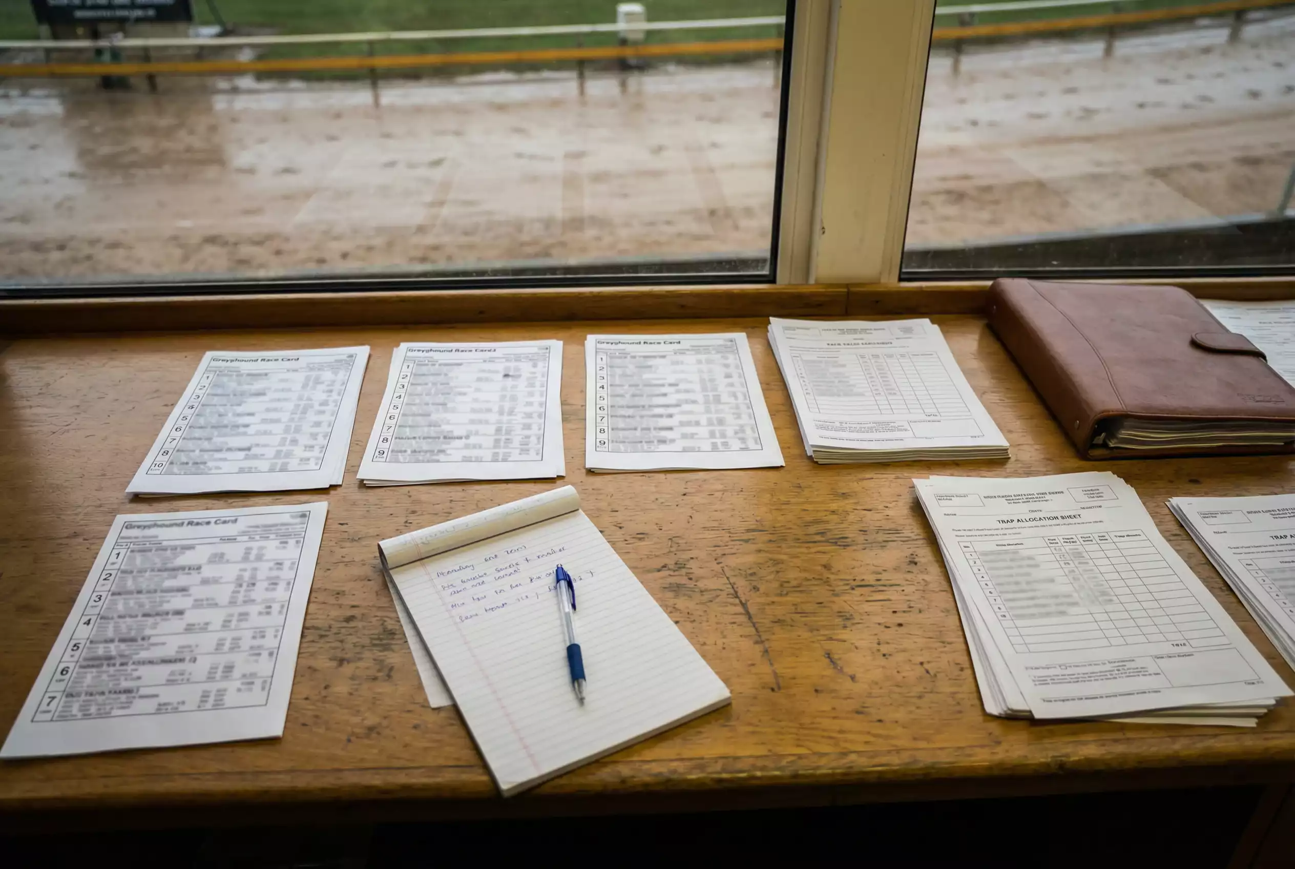 Racing official at desk with computer system for greyhound trap draw allocation
